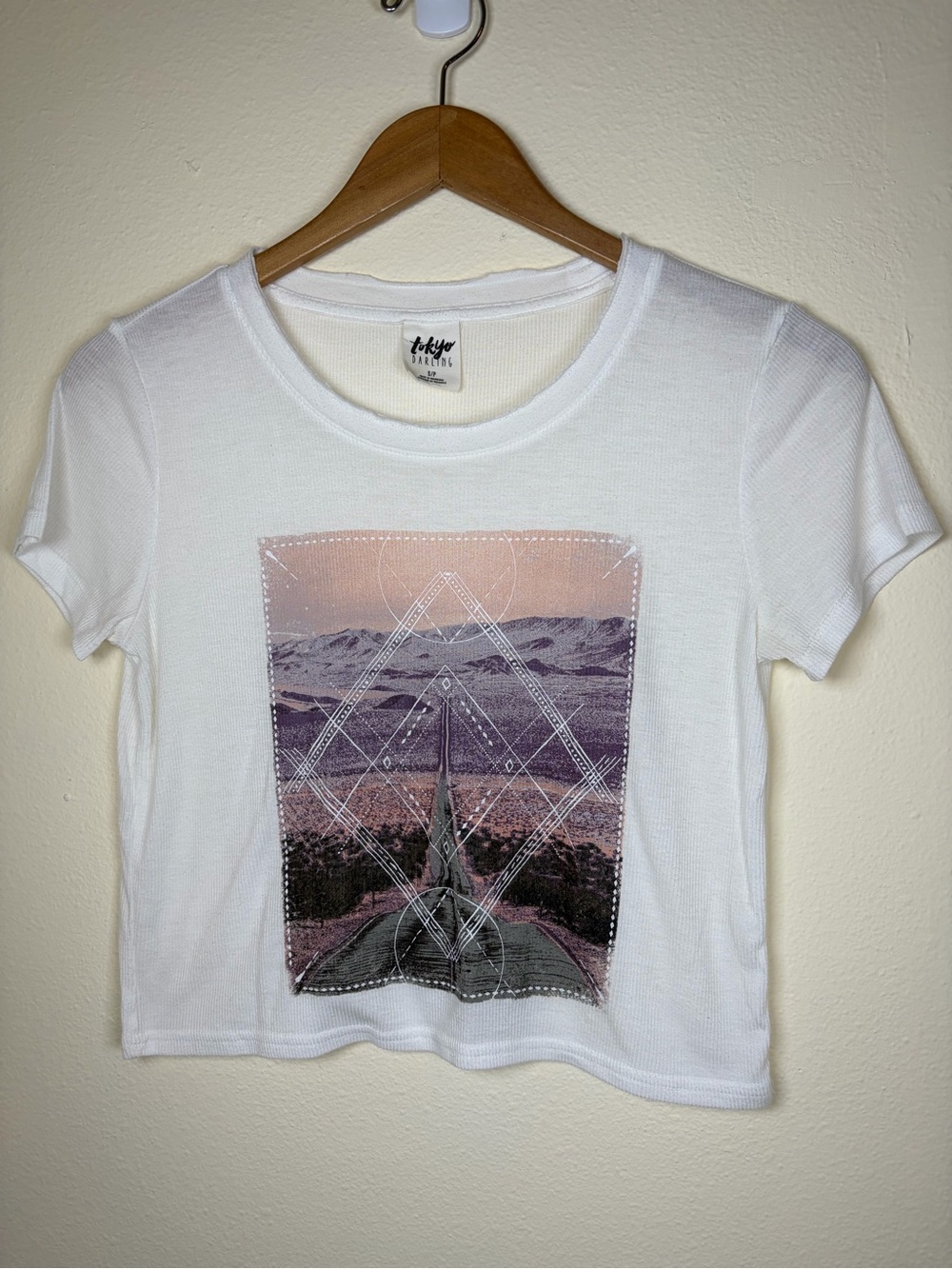 tokyo Darling White Graphic Crop Tee Desert Road Print Short Sleeve S